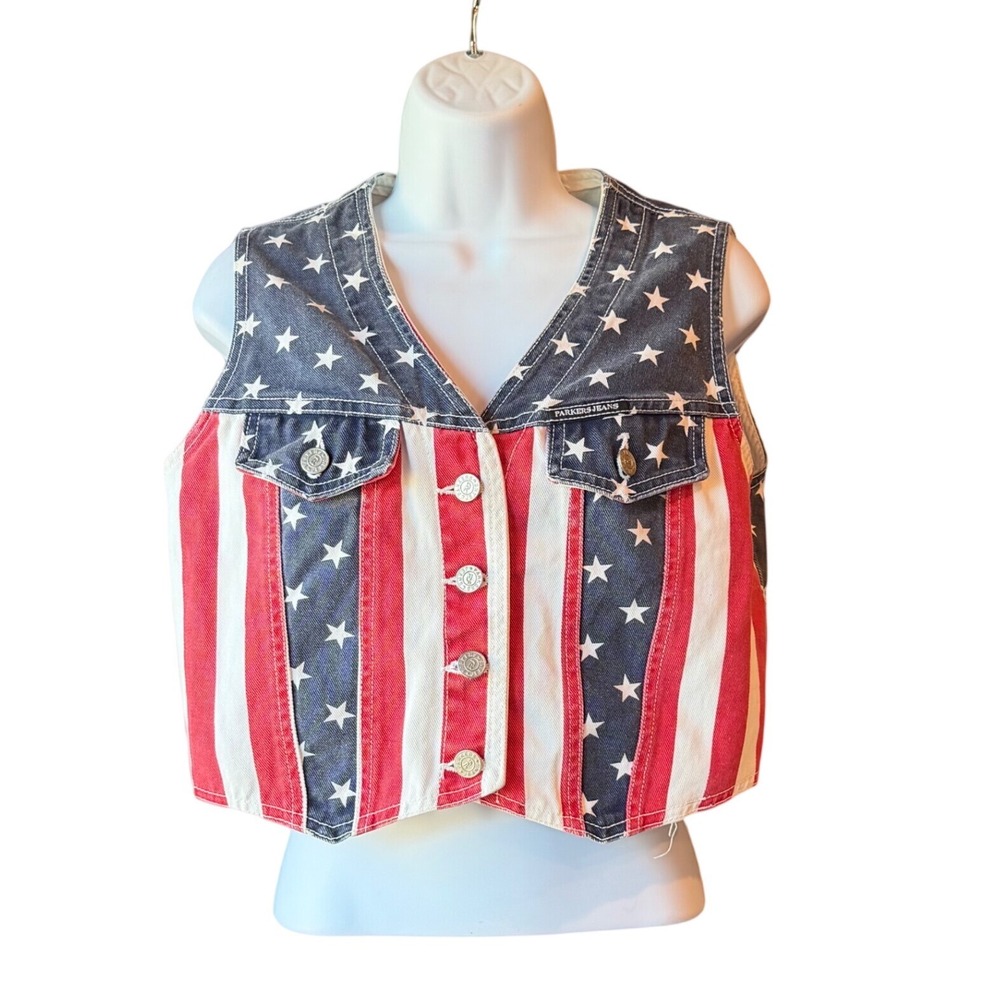 Parkers Jeans American Flag Denim Vest USA Made Women's Size Medium Vintage